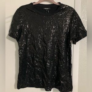 DKNY Black Sequin Short Sleeve Tee Top